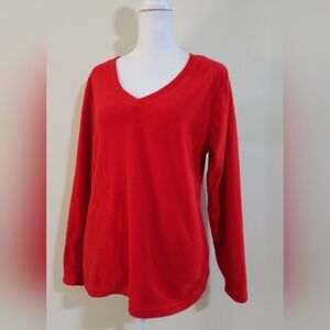 Just Be Fleece Red Vneck Pullover Top Women's Size M